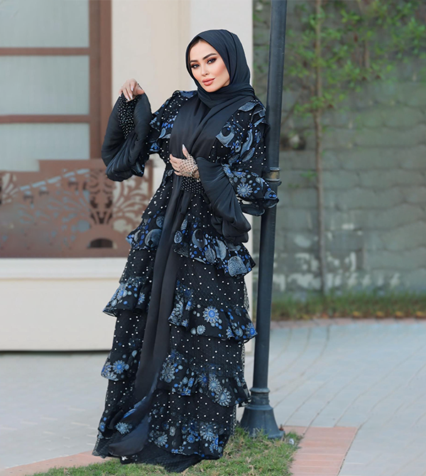 Abaya made from natural devoré, Italian guipure, and embossed French mesh