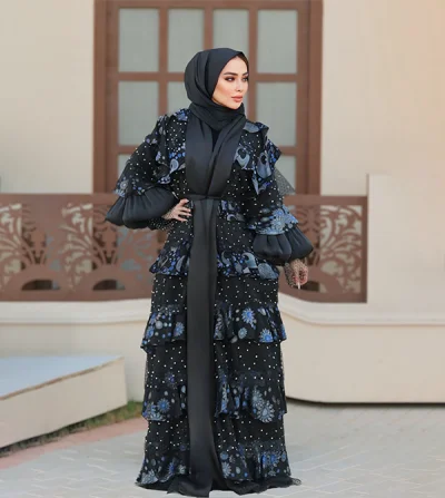 Abaya made from natural devoré, Italian guipure, and embossed French mesh