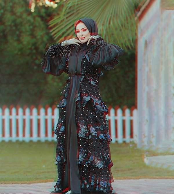 Abaya made from natural devoré, Italian guipure, and embossed French mesh